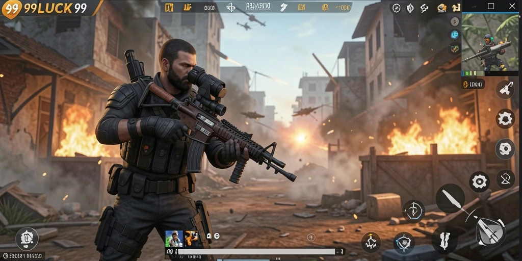 Screenshot gameplay 99LUCK99 menunjukkan aksi menembak yang intens di medan perang.