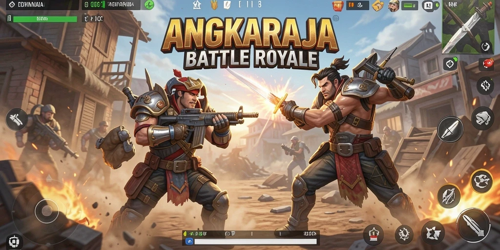 Screenshot gameplay ANGKARAJA menunjukkan pertarungan seru dalam arena Battle Royale.