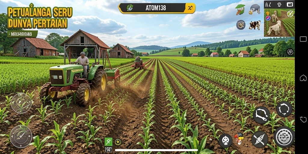 Gambar gameplay ATOM138 menunjukkan aktivitas seru dalam pertanian virtual.