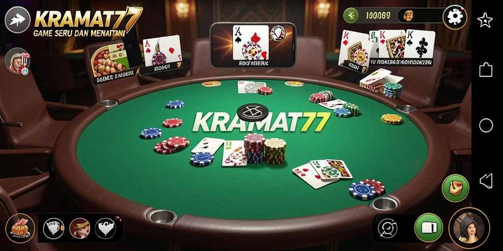 Tampilan gameplay KRAMAT77 dengan suasana poker yang mendebarkan.