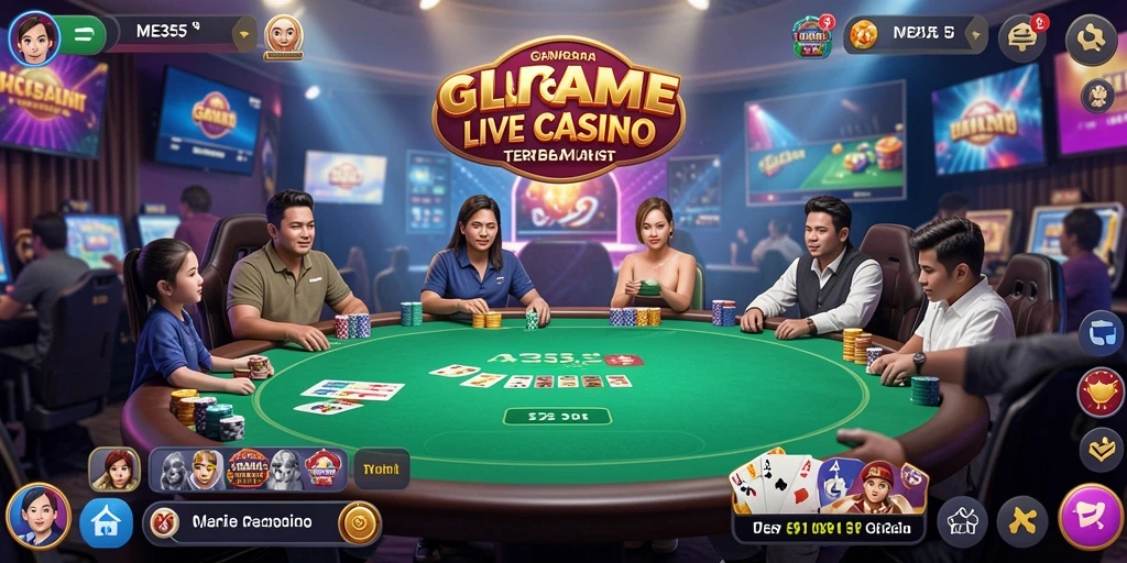Screenshot utama ME355 menampilkan dealer kasino dan gameplay yang menarik.